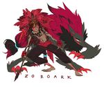  barefoot dark_skin dark_skinned_male feathers gen_5_pokemon long_hair personification pokemon polearm ponytail rmr shirtless simple_background spear tattoo weapon zoroark 