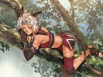  animal_ears bad_id bad_pixiv_id blonde_hair cat_ears cat_tail elbow_gloves final_fantasy final_fantasy_xi gloves lying mithra on_stomach solo tail tree_branch 