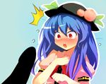  blue_hair blush bow censored dorowa_no_hito food fruit hat highres hinanawi_tenshi leaf long_hair mosaic_censoring open_mouth peach pointless_censoring puffy_sleeves red_eyes short_sleeves solo touhou 