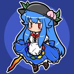  blue_hair blush bow cross-laced_footwear eruru_(erl) food fruit hat hinanawi_tenshi leaf long_hair peach puffy_sleeves red_eyes short_sleeves solo sword sword_of_hisou touhou very_long_hair weapon 