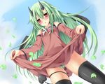  blush devil fujieda_uzuki green_hair horns long_hair original panties striped_panties tail thighhighs underwear wings 