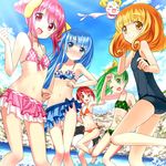  :&lt; :d ;d aoki_reika barefoot bikini blonde_hair blue_eyes blue_hair blue_sarong bow buntan candy_(smile_precure!) creature frilled_bikini frills green_eyes green_hair hair_bow heart hino_akane_(smile_precure!) hoshizora_miyuki kise_yayoi long_hair midorikawa_nao multiple_girls navel one-piece_swimsuit one_eye_closed open_mouth pink_bow pink_eyes pink_hair ponytail precure red_eyes red_hair sarong school_swimsuit short_hair side-tie_bikini smile smile_precure! swimsuit twintails yellow_eyes 