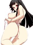  anus ass black_hair breasts clitoris dearmybrothers from_behind fundoshi highres holding houraisan_kaguya japanese_clothes large_breasts long_hair looking_back nipples pee peeing pussy red_eyes simple_background solo topless touhou underwear underwear_only white_background 