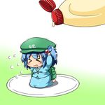  &gt;_&lt; backpack bag blue_hair blush closed_eyes flying_sweatdrops hair_bobbles hair_ornament hat jinnouchi_akira kawashiro_nitori kneeling mayonnaise open_mouth plate short_hair solo tears touhou trembling two_side_up 