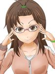  bespectacled brown_eyes brown_hair glasses highres jacket kyouno_madoka oshiza rinne_no_lagrange smile solo topknot track_jacket transparent_background zipper 