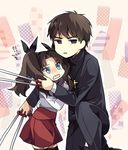  1boy 1girl bad_id bad_pixiv_id black_keys blue_eyes brown_eyes brown_hair child cross cross_necklace fate/zero fate_(series) hair_ribbon jewelry kotomine_kirei long_hair mmm_ss necklace ribbon thighhighs toosaka_rin twintails wavy_mouth younger 