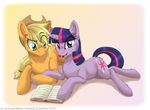  blonde_hair book couple cowboy_hat cutie_mark duo equine female feral freckles friendship_is_magic green_eyes hair hat horn horse inuhoshi-to-darkpen lying mammal multi-colored_hair my_little_pony pony twilight_sparkle_(mlp) unicorn 