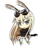  blue_eyes chibi dfx goggles goggles_on_head gun hanna-justina_marseille head_wings long_hair military military_uniform smirk solo strike_witches striker_unit uniform weapon world_witches_series 