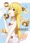  bad_id bad_pixiv_id black_eyes box choco_fashion cup doughnut dress food fork highres long_hair monogatari_(series) nisemonogatari old-fashioned_doughnut open_mouth oshino_shinobu pastry_box plate pon_de_ring resized solo taiyaki_(astre) teacup yellow_eyes 