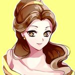  beauty_and_the_beast belle_(disney) brown_eyes brown_hair face hair_up kurabayashi smile solo yellow_background 