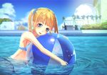  :d akino_komichi ball beachball bikini blonde_hair blue_eyes blush day holding looking_at_viewer open_mouth original partially_submerged smile solo swimsuit translation_request twintails water 