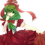  bow dress frills front_ponytail green_eyes green_hair hair_bow hair_ornament hair_ribbon hand_to_own_mouth highres kagiyama_hina long_hair one_eye_closed puffy_sleeves rarorimiore red_dress ribbon short_sleeves simple_background skirt_hold solo touhou white_background 