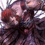  armor beard bound cape chain enkidu_(weapon) facial_hair fate/zero fate_(series) male_focus red_hair rider_(fate/zero) solo spoilers tied_up ttakuann 