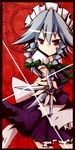  apron bad_id bad_pixiv_id braid highres izayoi_sakuya knife maid maid_headdress puffy_sleeves red_eyes short_hair short_sleeves silver_hair slit_pupils solo tanikake_yoku torn_clothes touhou twin_braids weapon 