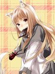  animal_ears biting blush brown_hair chocolate fang grin holo kawakami_rokkaku long_hair looking_at_viewer mouth_hold plaid plaid_background pouch red_eyes revision sketch smile solo spice_and_wolf tail wolf_ears 
