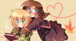  1girl blonde_hair blue_eyes book brown_hair green_eyes heart heart_of_string highres jiang-ge long_sleeves lyrical_nanoha mahou_shoujo_lyrical_nanoha mahou_shoujo_lyrical_nanoha_a's mahou_shoujo_lyrical_nanoha_a's_portable:_the_battle_of_aces mahou_shoujo_lyrical_nanoha_a's_portable:_the_gears_of_destiny material-s short_hair yuuno_scrya 