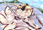  ahoge armor armored_dress artoria_pendragon_(all) bare_shoulders blonde_hair bow caliburn detached_sleeves dress fate/stay_night fate/unlimited_codes fate_(series) gauntlets green_eyes hair_bow long_hair mountain ponytail saber saber_lily sheath shirokuma_a solo unsheathed 
