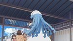  aizawa_chizuru animated animated_gif beach blue_hair electric_fan food hat ikamusume long_hair noodles ramen shinryaku!_ikamusume squid_girl tentacle tentacle_hair throw throwing window 