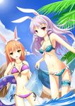  animal_ears bikini breasts brown_hair bunny_ears bunny_tail christel_schmidt cleavage cloud day fatkewell frilled_bikini frills front-tie_top highres innertube large_breasts leg_garter lens_flare long_hair looking_at_viewer marianne_wagner midriff multiple_girls navel ocean open_mouth original outdoors purple_hair red_eyes side-tie_bikini sky small_breasts smile strap_gap swimsuit tail wading water yellow_eyes 