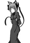  animal_ears arms_behind_back bow braid cat_ears cat_tail chata_maru_(irori_sabou) dress extra_ears greyscale hair_bow kaenbyou_rin long_dress long_hair looking_at_viewer monochrome multiple_tails simple_background smile solo tail touhou twin_braids white_background 