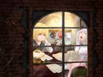  blonde_hair candle from_outside hat hat_removed headwear_removed lunasa_prismriver lyrica_prismriver merlin_prismriver multiple_girls photo_(object) sheet_music sitting sleeping table touhou window yawning yukanomokume 