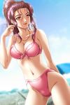  bikini bra breasts cleavage collarbone day earrings game_cg highres ijichi_miho jewelry large_breasts lipstick long_hair makeup nakamura_nishiki navel open_mouth pink_bikini pink_eyes pink_hair ponytail sky smile sodom_no_shima solo stomach sweat swimsuit underwear 