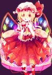  :q ascot blonde_hair bow candy crystal curly_hair dress flandre_scarlet food frilled_dress frills hat hat_ribbon heart heart-shaped_pupils highres hiyuu_(hiyualice) lollipop red_eyes ribbon short_hair short_sleeves side_ponytail solo symbol-shaped_pupils tongue tongue_out touhou v wings 