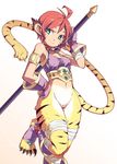  ahoge animal_ears armlet bandages beanpaste bottomless breath_of_fire breath_of_fire_ii cat_ears cat_tail claws crop_top facial_mark fingerless_gloves gloves green_eyes hand_on_hip highres jewelry looking_at_viewer navel necklace red_hair rinpoo_chuan shirt short_hair slit_pupils smile solo staff standing standing_on_one_leg tail taut_clothes taut_shirt tiger_stripes toeless_legwear weapon whisker_markings 