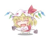  :d =_= blonde_hair blush_stickers chibi closed_eyes fang flandre_scarlet hat hat_ribbon holding nyagakiya open_mouth ribbon side_ponytail simple_background smile solo standing touhou white_background wings 