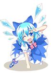  blue_eyes blue_hair bow chata_maru_(irori_sabou) cirno hair_bow highres looking_at_viewer open_mouth short_hair smile solo touhou v 