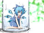  bad_id bad_pixiv_id blue_hair bottle bow cirno detached_wings hair_bow ice ice_wings kneeling open_mouth puffy_sleeves purple_eyes short_hair short_sleeves solo tatsumin touhou wings 