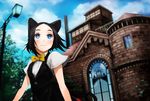  animal_ears black_hair blue_eyes blush bow brick_wall building cloud day forehead gate highres lamppost original outdoors reflection short_hair sky solo window yunar 