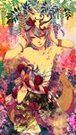  aqua_hair bad_id bad_pixiv_id bare_shoulders bell bodypaint bracelet bug dragonfly flower fox_mask fox_tail highres inazuma_eleven_(series) inazuma_eleven_go insect jewelry jingle_bell kariya_masaki looking_at_viewer male_focus mask nipples pinwheel seigaiha shiro_(reptil) solo tail unmoving_pattern 