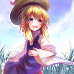  blonde_hair eho_(icbm) grass hat hat_removed headwear_removed long_sleeves moriya_suwako open_mouth purple_eyes short_hair solo touhou wide_sleeves 