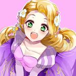  :d blonde_hair blush dress flower from_above gown green_eyes hair_flower hair_ornament kurabayashi long_hair open_mouth pink_background puffy_sleeves purple_dress rapunzel_(disney) smile solo striped tangled vertical_stripes 