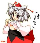  animal_ears breasts hat inubashiri_momiji long_sleeves looking_at_viewer medium_breasts navel no_bra open_mouth red_eyes short_hair simple_background smile solo takasegawa_yui tokin_hat touhou translated underboob white_background white_hair wide_sleeves wolf_ears 