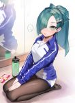  ... 1girl bad_id bad_twitter_id bottle bow collared_jacket glint green_eyes green_hair hair_bow hair_ornament hair_over_one_eye hairclip highres jay_(shining_star) long_hair long_sleeves looking_at_viewer mirror no_shoes ohisashiburi one_eye_covered pantyhose parted_lips ponytail raglan_sleeves reflection seiza shining_star shirt sitting solo spoken_ellipsis sweat water_bottle white_shirt 