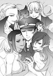  5girls alice_(megami_tensei) bangs cat child demon_girl devil_summoner dress gouto greyscale hair_ribbon hairband harem hat high_pixie_(megami_tensei) kuzunoha_raidou leanan_sidhe_(megami_tensei) lilim_(megami_tensei) long_hair megami_tensei monochrome multiple_girls nekomata nekomata_(megami_tensei) pimp ribbon sawa30_(tan-g85mw) school_uniform shako_cap shin_megami_tensei 