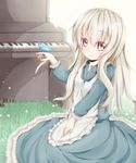  absurdres bird dress grass highres instrument jewelry kagamiya_(kyouya) kagerou_project kozakura_marry long_hair looking_at_viewer necklace piano pink_eyes silver_hair sitting smile solo souzou_forest_(vocaloid) vocaloid 