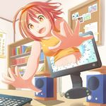  ahoge arumi_m bare_shoulders book bookshelf breasts brown_eyes brown_hair calendar_(object) corkboard hairband highres keyboard_(computer) large_breasts making_of monitor navel open_mouth original photo_(object) reaching ringed_eyes short_hair solo speaker teeth through_screen 