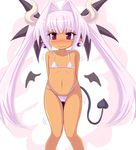  bat_wings bikini choujigen_nuko dark_skin demon_girl demon_wings flat_chest hair_intakes horns micro_bikini original pink_eyes purple_hair solo swimsuit tail twintails wings 