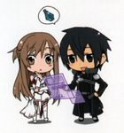  :&lt; abec asuna_(sao) chibi floating_screen holographic_interface holographic_monitor kirito lowres official_art potion solo sword_art_online 