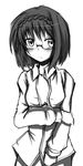  blush chata_maru_(irori_sabou) copyright_request glasses greyscale monochrome naked_shirt open_clothes open_shirt shirt short_hair simple_background solo white_background 