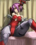  animal_print bad_id bad_pixiv_id bare_shoulders bat_print bat_wings bed blue_legwear chigen curtains head_wings leotard lilith_aensland pantyhose print_legwear purple_hair red_eyes red_leotard short_hair sitting solo spread_legs thighs vampire_(game) wings 