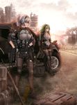  absurdres ammunition_pouch assault_rifle bangs black_gloves black_hairband black_jacket black_legwear black_shorts breasts collared_shirt day eyebrows_visible_through_hair folded_ponytail girls_frontline gloves green_hair ground_vehicle gun hair_between_eyes hairband headset highres holding holding_gun holding_weapon jacket jacket_on_shoulders knee_pads load_bearing_equipment long_hair long_sleeves looking_afar m950a_(girls_frontline) medium_breasts messy_hair military military_vehicle motor_vehicle multiple_girls multiple_straps neck_scar off_shoulder open_clothes open_mouth open_shorts outdoors pantyhose pouch red_eyes rifle ruins scar shirt short_shorts shorts sidelocks smile smoke testame thunder_(girls_frontline) triple_action_thunder unbuttoned_pants weapon yellow_eyes 
