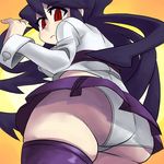  ass ass_focus blush closed_mouth eyebrows_visible_through_hair filia_(skullgirls) from_below huka light_blush long_sleeves looking_at_viewer panties pantyshot pantyshot_(standing) pleated_skirt purple_hair purple_legwear purple_skirt red_eyes shirt skirt skullgirls solo standing thick_thighs thighhighs thighs underwear upskirt white_panties white_shirt 