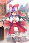  ahoge ascot bird_wings blue_hair blush bow cosplay detached_sleeves detached_wings eho_(icbm) hair_bow hakurei_reimu hakurei_reimu_(cosplay) head_wings horns multicolored_hair short_hair single_head_wing single_wing solo tokiko_(touhou) touhou tree two-tone_hair wavy_mouth white_hair wide_sleeves wings 