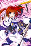  brown_hair dress fingerless_gloves gloves hair_ribbon kanna_(plum) lyrical_nanoha magic_circle mahou_shoujo_lyrical_nanoha mahou_shoujo_lyrical_nanoha_a's mahou_shoujo_lyrical_nanoha_the_movie_2nd_a's open_mouth purple_eyes raising_heart ribbon short_twintails solo staff takamachi_nanoha twintails 