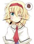  alice_margatroid blonde_hair blush chata_maru_(irori_sabou) food green_eyes looking_at_viewer one_eye_closed pocky simple_background solo squiggle touhou white_background 