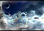  blue_hair boots cloud crescent_moon hand_on_hip hat hinanawi_tenshi letterboxed long_hair moon planted_sword planted_weapon potato_pot solo sword sword_of_hisou touhou weapon 
